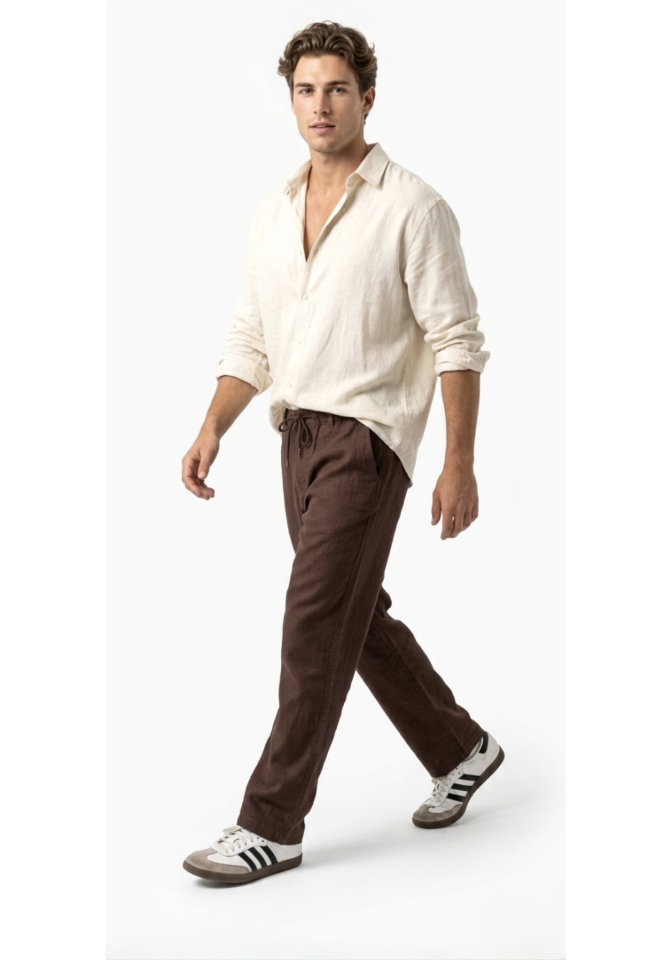 شلوار لینن نیم بگ قهوه‌ای H&M سوئدی 🇸🇪